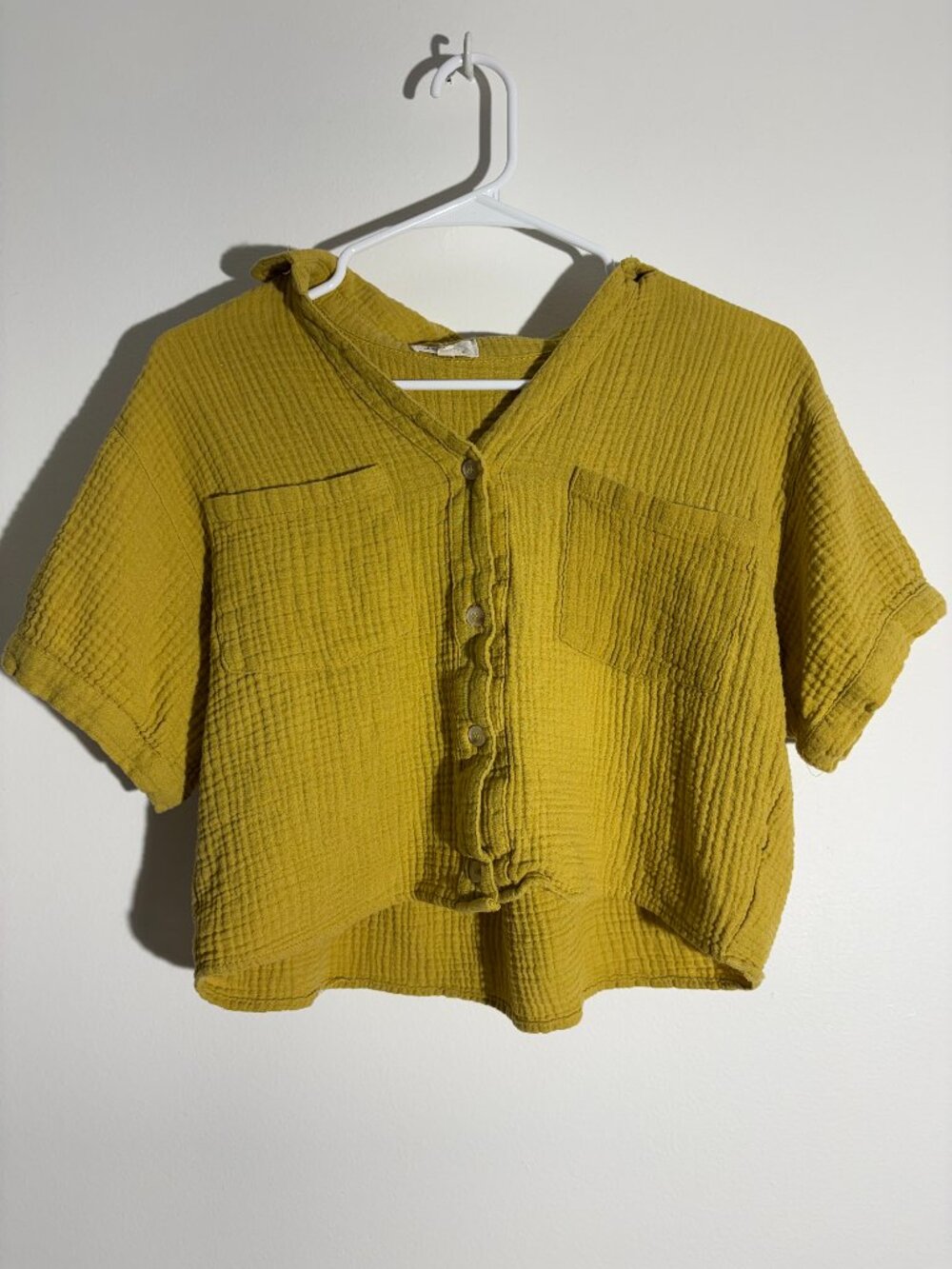 Love Notes Mustard Yellow Double Gauze Cotton Button Up Crop Top Shirt M